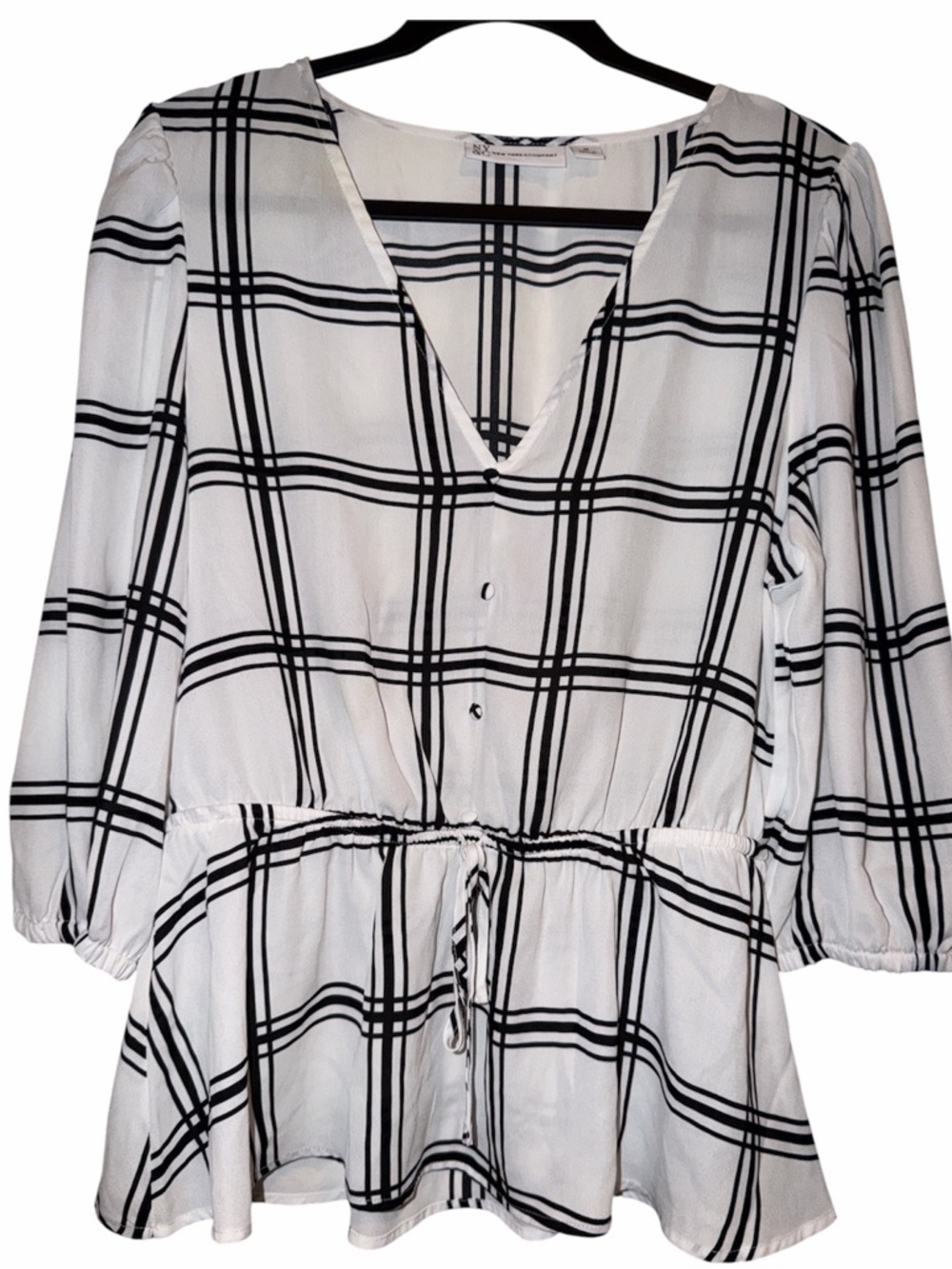 New York & Company Black and White Plaid V-Neck Peplum Top